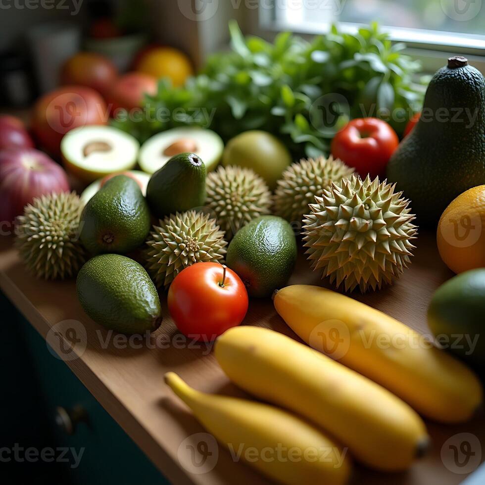 Assorted Fresh Fruits and Vegetables on a Kitchen Counter photo
