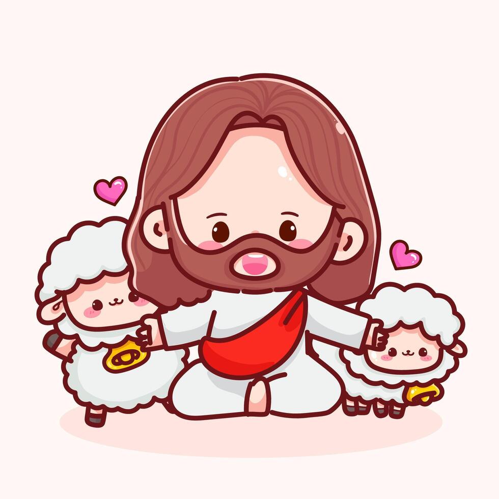 Jesus with two cute sheep friends vector