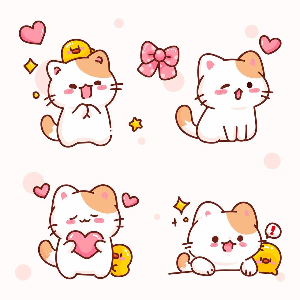 Cute Cat and Chick Cartoon with Hearts and Expressions illustration vector