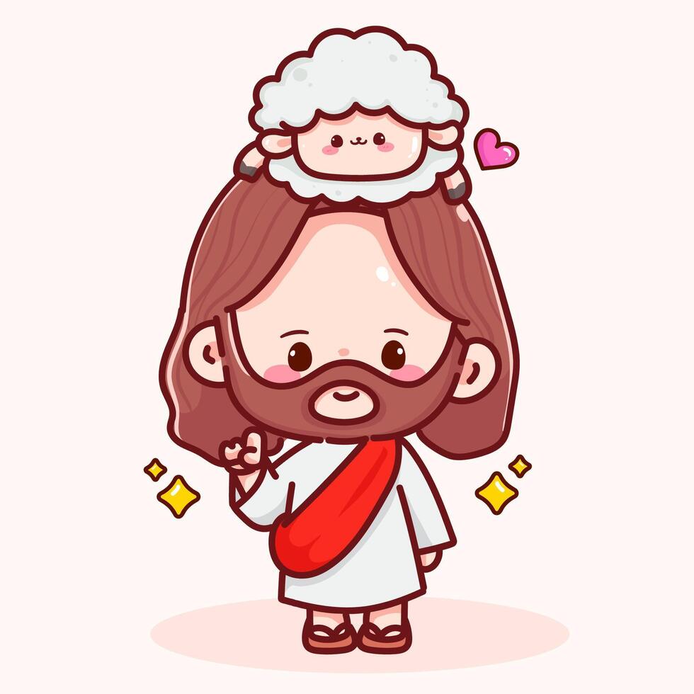 Cute Jesus Cartoon with Sheep on Head illustration vector