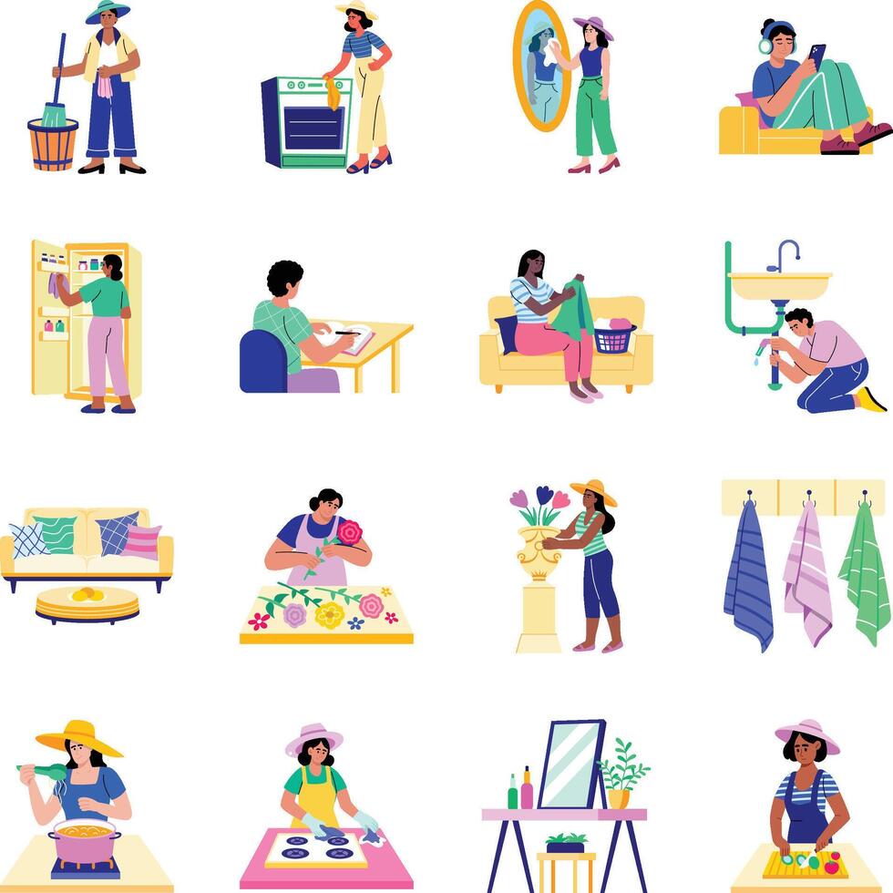 Collection of Home Activities Flat Illustrations vector