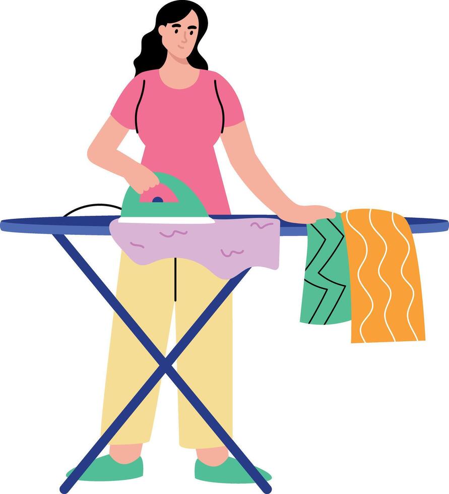 Flat style illustration showing character ironing clothes at home vector