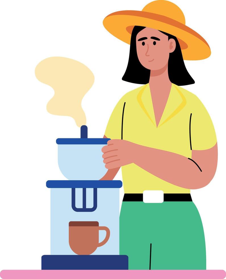 Flat style illustration showing a person making tea in kitchen vector