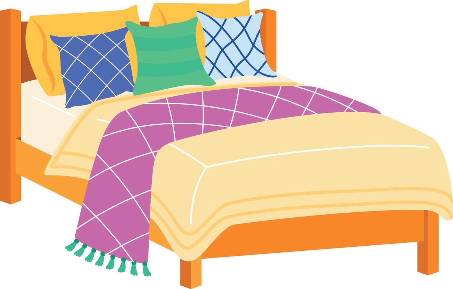 A flat style illustration showing bed with pillows and blanket vector
