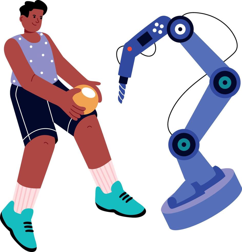 A flat style illustration showing a person playing with robotic arm vector