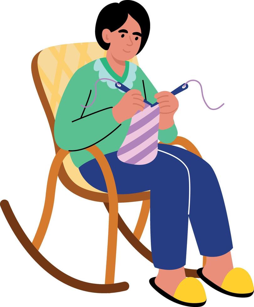 A flat style illustration showing character knitting with yarn vector