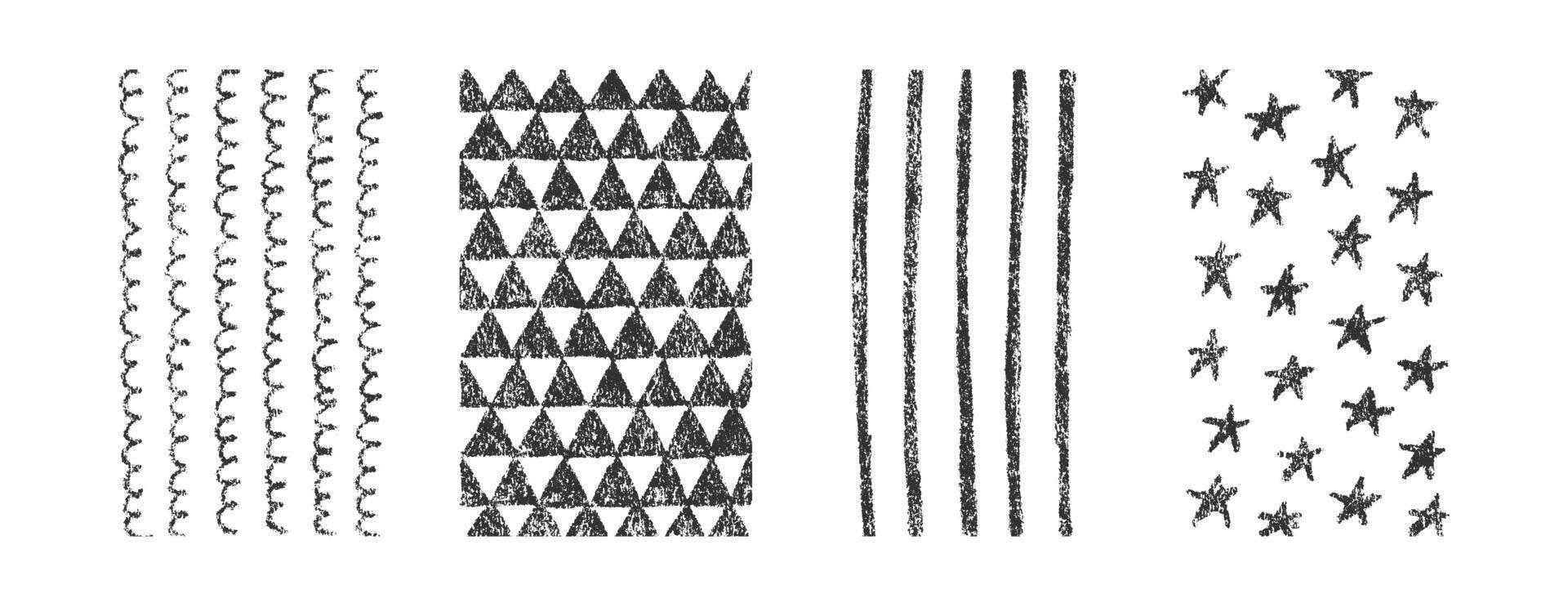 Hand drawn crayon textures pattern set. Childish freehand scribble and shapes background. Collection of design elements wavy lines, stars, stripes and triangles vector