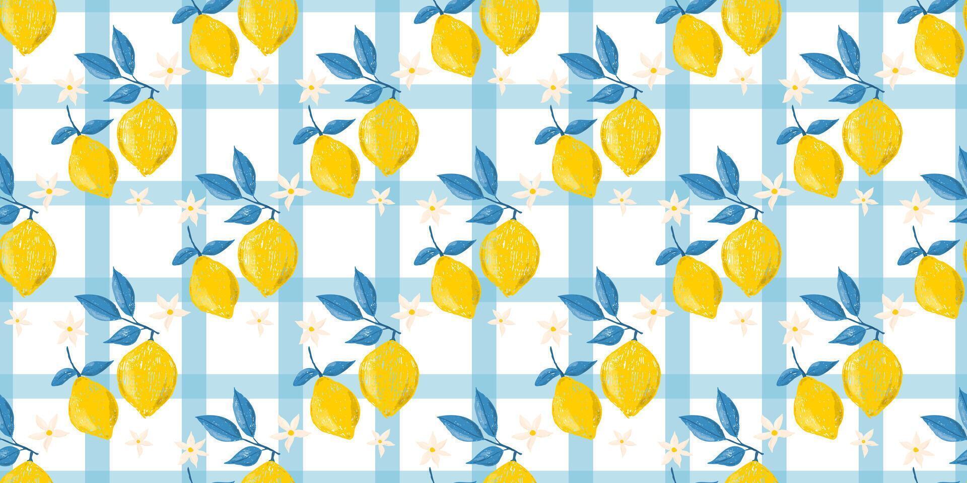 Hand drawn set of colored crayon of lemons on branch. Leaves and flowers of citrus fruits. Italian summer seamless pattern in Mediterranean vintage style, kitchen print, checkered background vector