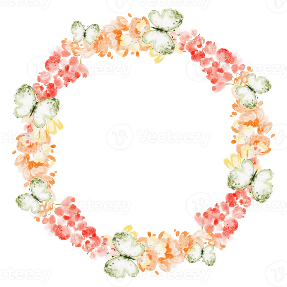 Watercolor floral wreath with lupine wildflowers and butterflies. Botanical frame in circle shape for wedding garden or seasonal design. png