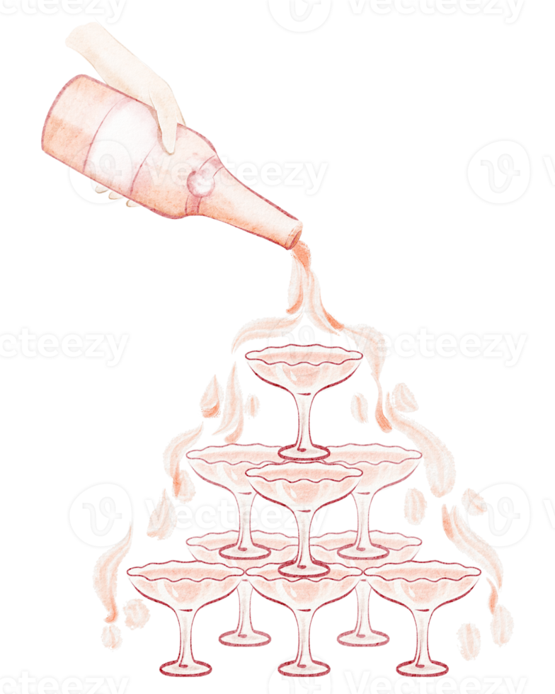 Champagne tower made of crystal glasses with sparkling wine. Hand drawn line art and watercolor style. png