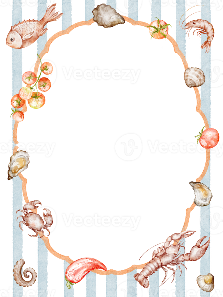Seafood border with lobster shrimp crab oyster and fish. Kitchen frame design with lemon pepper and traditional Italian food. Hand drawn watercolor border for menu or invitation. png