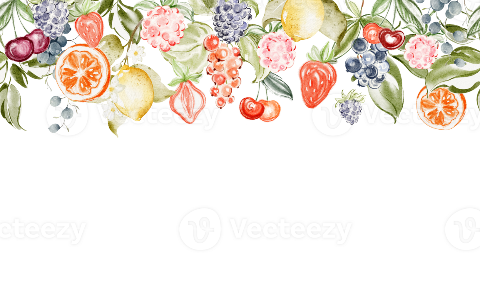 Watercolor banner frame featuring fruit and berries in botanical style. Hand drawn lemon strawberry and mixed forest fruits with summer theme decorative border and copy space for design use. png