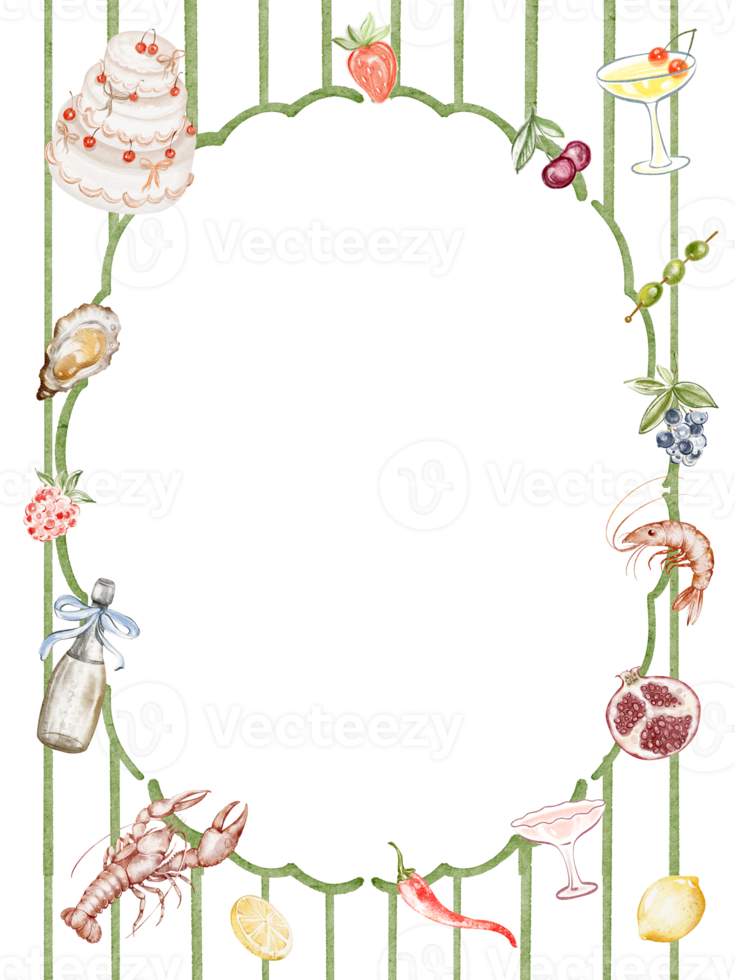 Striped template includes seafood illustrations like lobster shrimp crab and shellfish. Border pattern and hand drawn watercolor elements. Suitable for menus invitations and party backdrops. png
