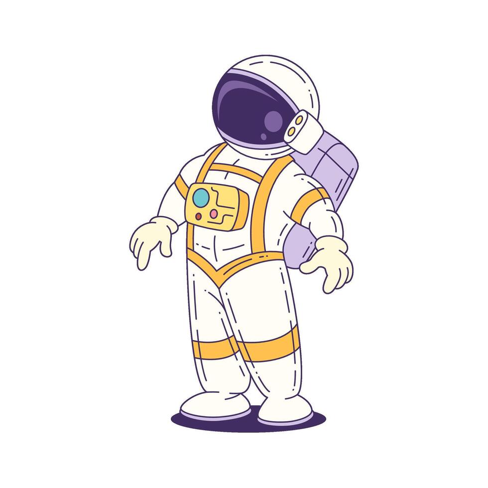 Cartoon Mascot Astronaut Standing In White Suit With Yellow Accents Ready For Space Exploration vector