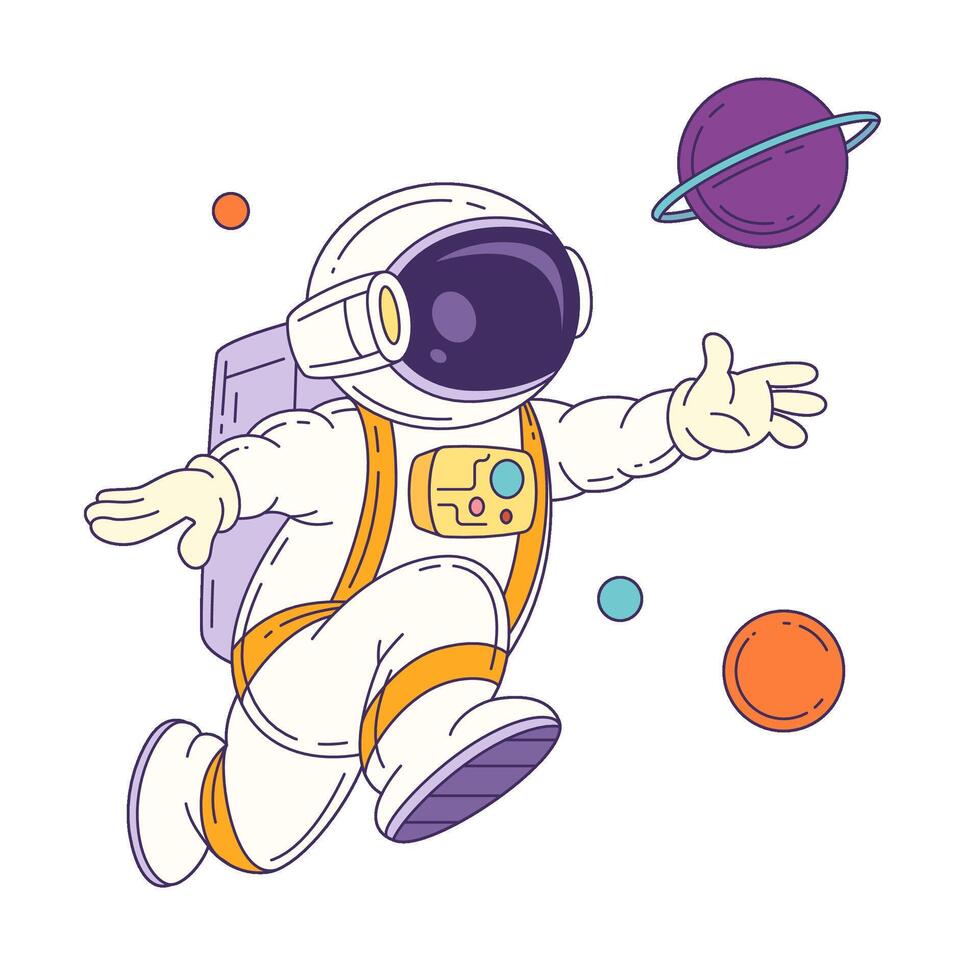 Cartoon Astronaut Mascot Floating In Space With Planets And Stars For Science Graphic Design vector