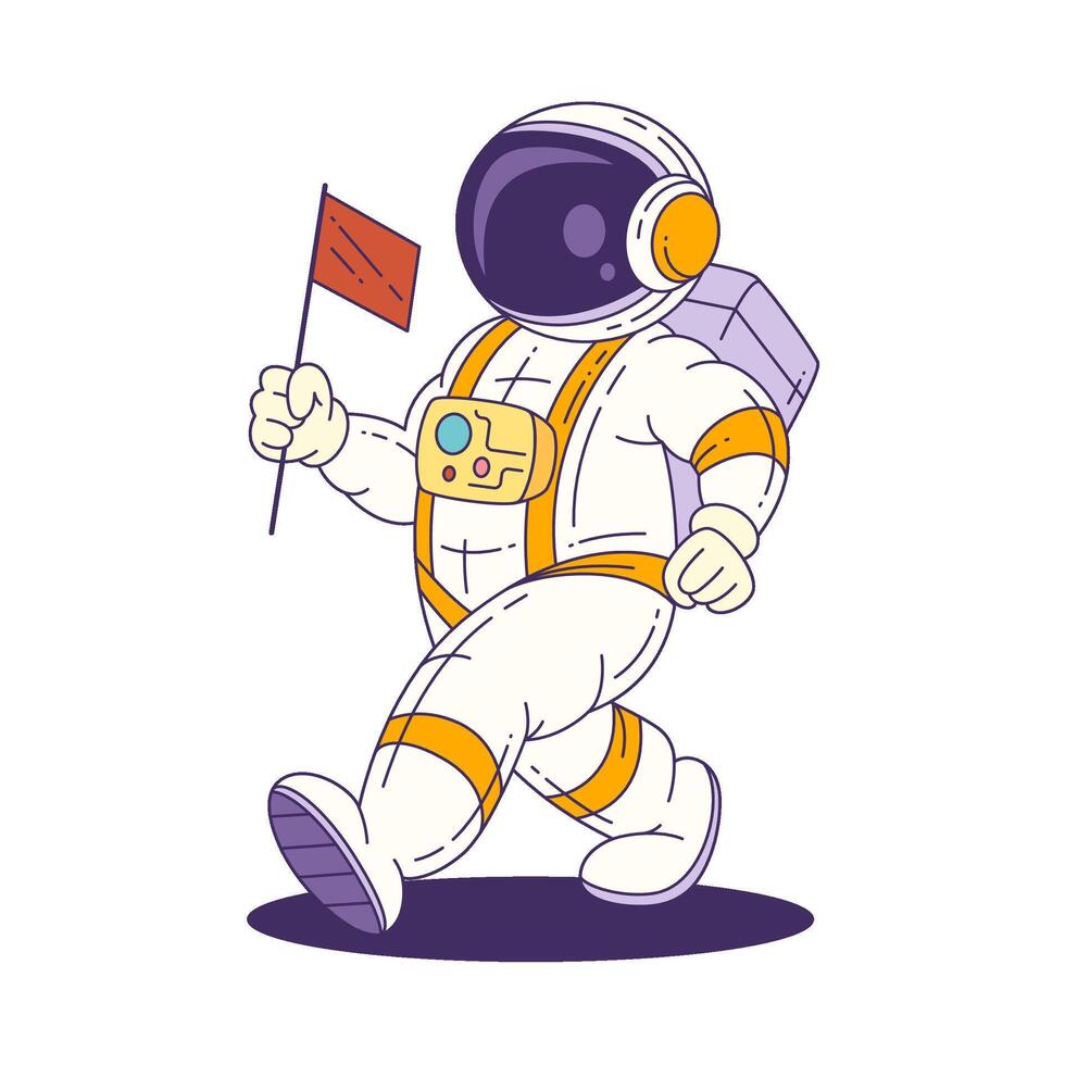 Cartoon Mascot Astronaut In White Suit With Orange Stripes Holding Red Flag For Space Exploration Project vector