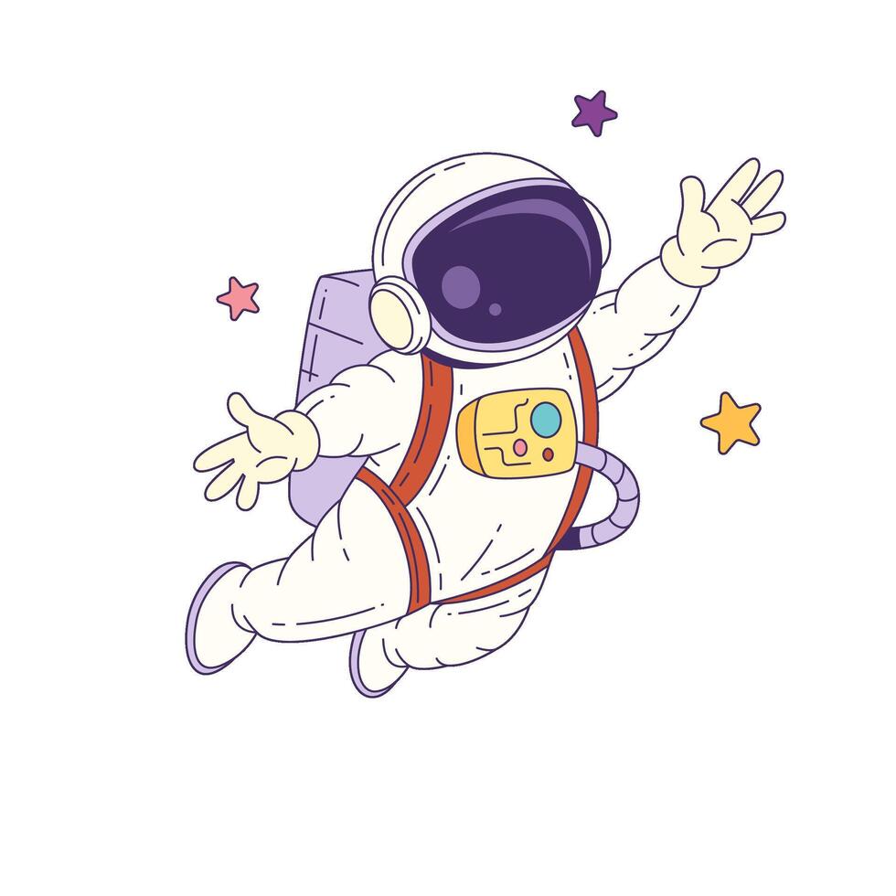 Cartoon Mascot Astronaut Floating In Space Wearing White Suit Surrounded By Stars vector