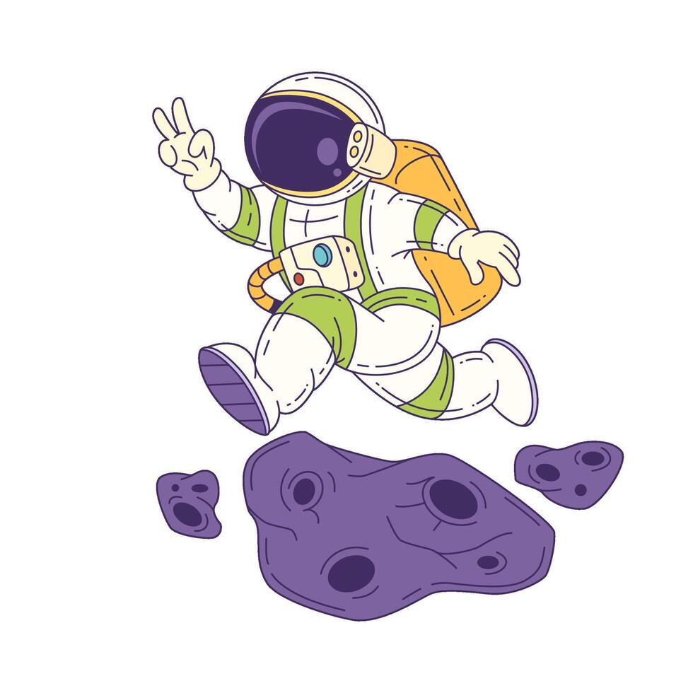 Colorful Cartoon Mascot Astronaut Jumping On Alien Planet Showing Peace Sign With Playful Expression vector