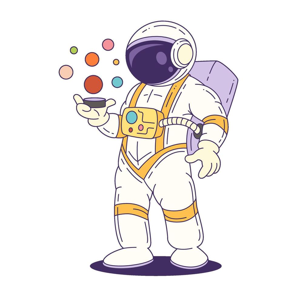 Cartoon Mascot Astronaut In White Suit Holding Planet Model For Space Education And Science Projects vector