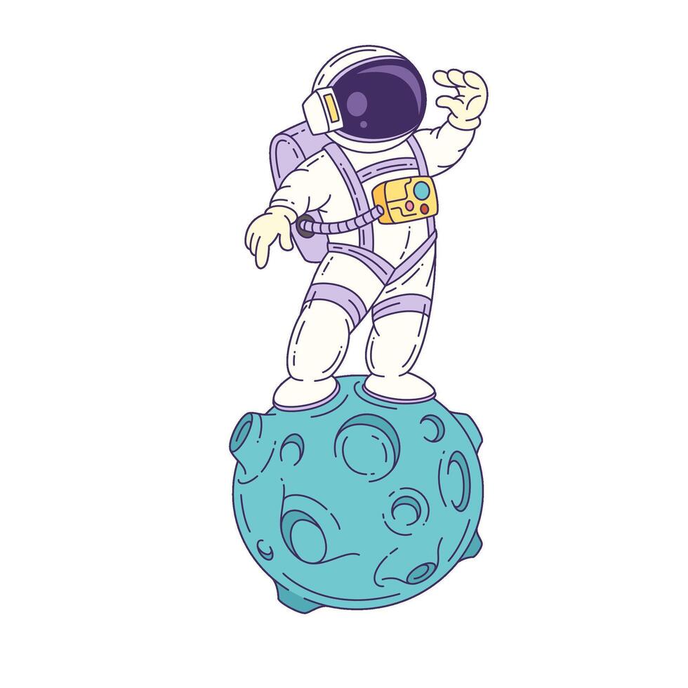 Cartoon Mascot Astronaut Standing On Moon In White Suit Waving Hand For Space Exploration Mission vector