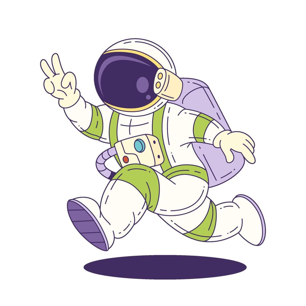 Cartoon Mascot Astronaut In Space Suit Running Showing Peace Sign Symbolizing Exploration vector