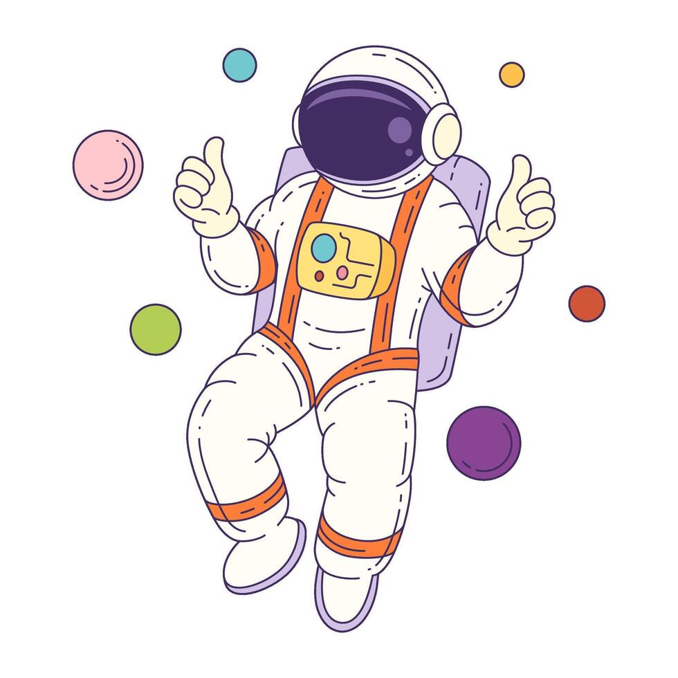 Cartoon Mascot Astronaut Floating In Outer Space With Planets For Educational Graphic Projects vector