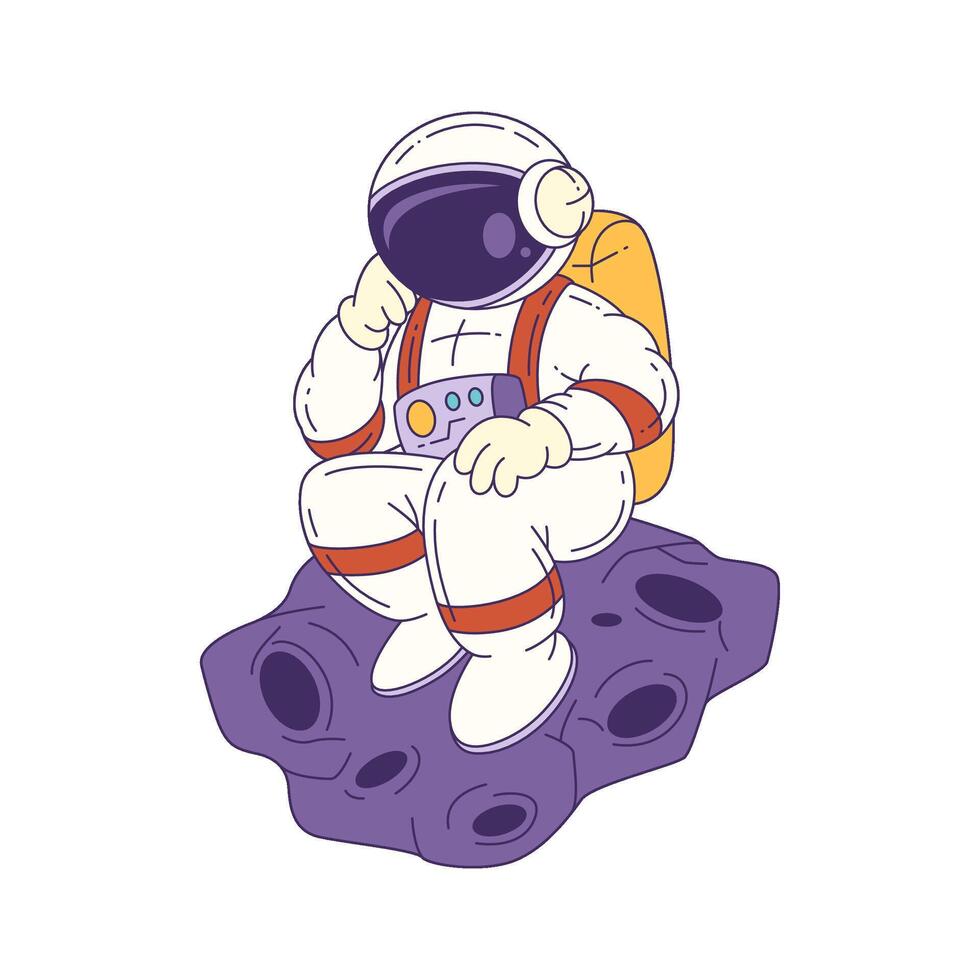 Thoughtful Cartoon Mascot Astronaut Sitting On Rock In Space Wearing Detailed Suit For Exploration vector
