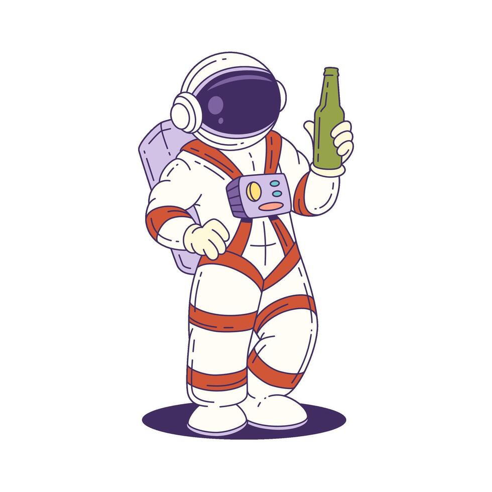Cartoon Mascot Astronaut Standing Confidently In Space Suit Holding Green Bottle For Fun Space Events vector