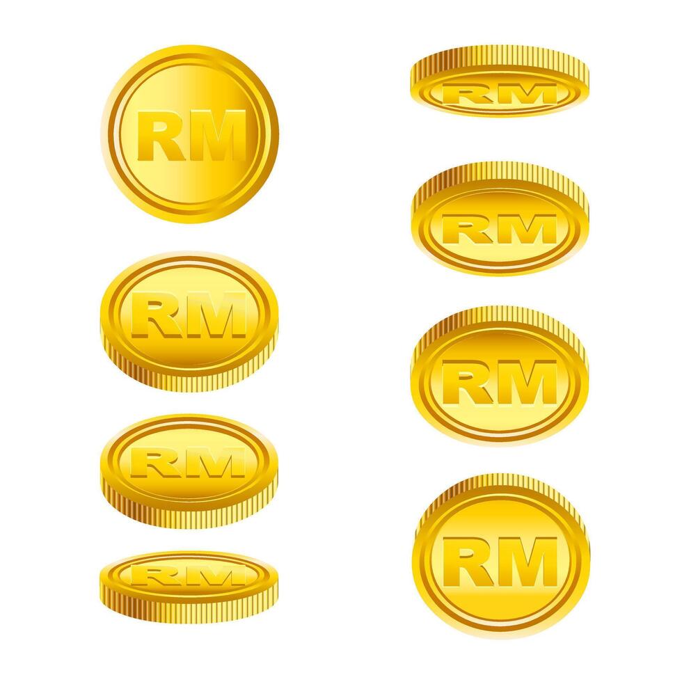 Gold Malaysia Ringgit RM coins flipping in set of various angles vector