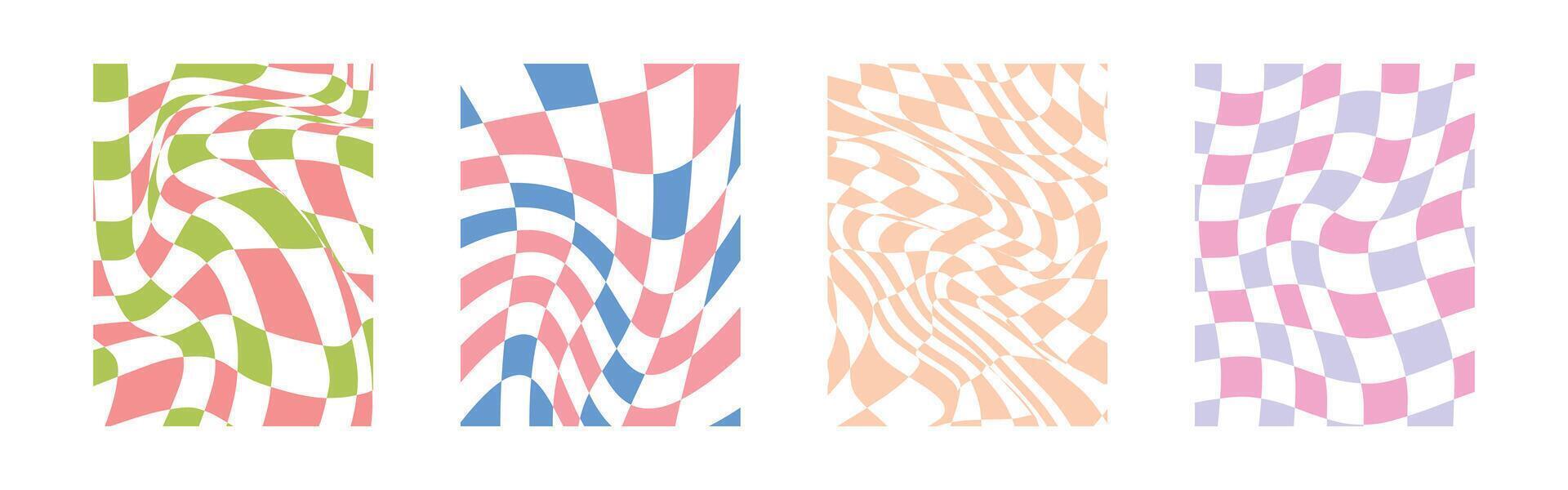 Trendy warped grid designs, colorful geometric patterns, playful pastel seamless wallpapers, stylish digital set. vector