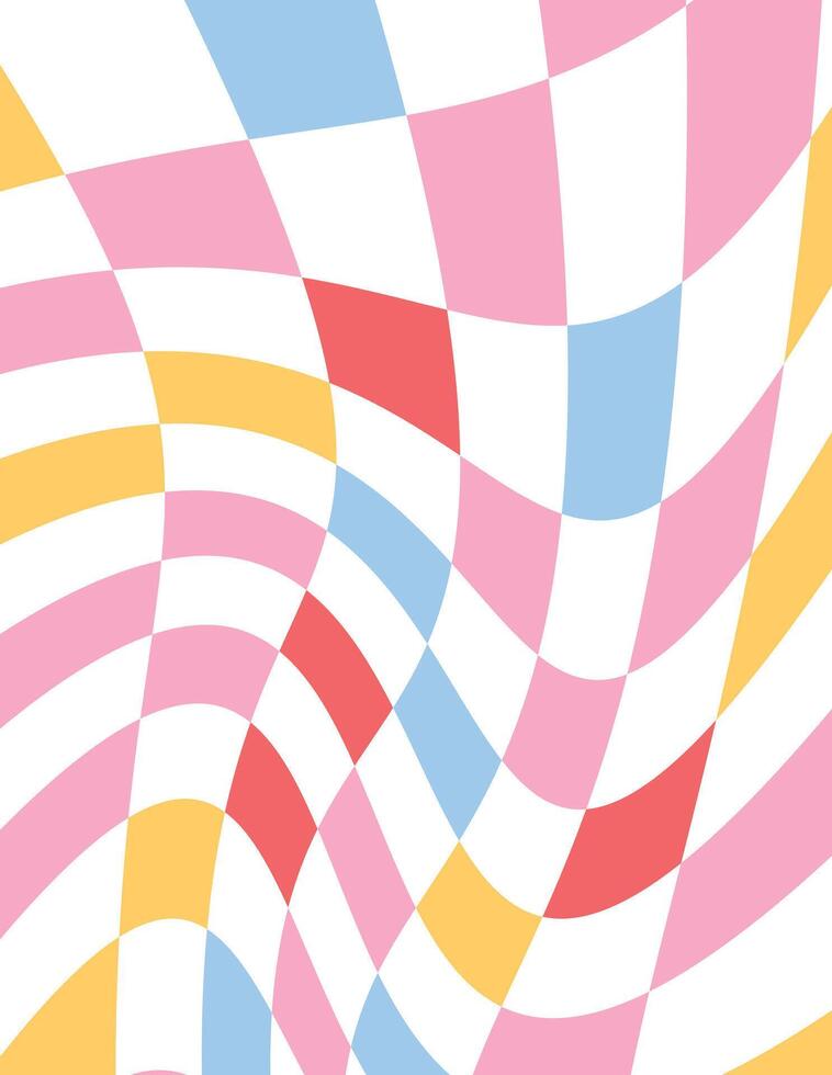 Distorted checkered grid, colorful warped squares, trendy geometric wallpaper, fun and energetic background vector