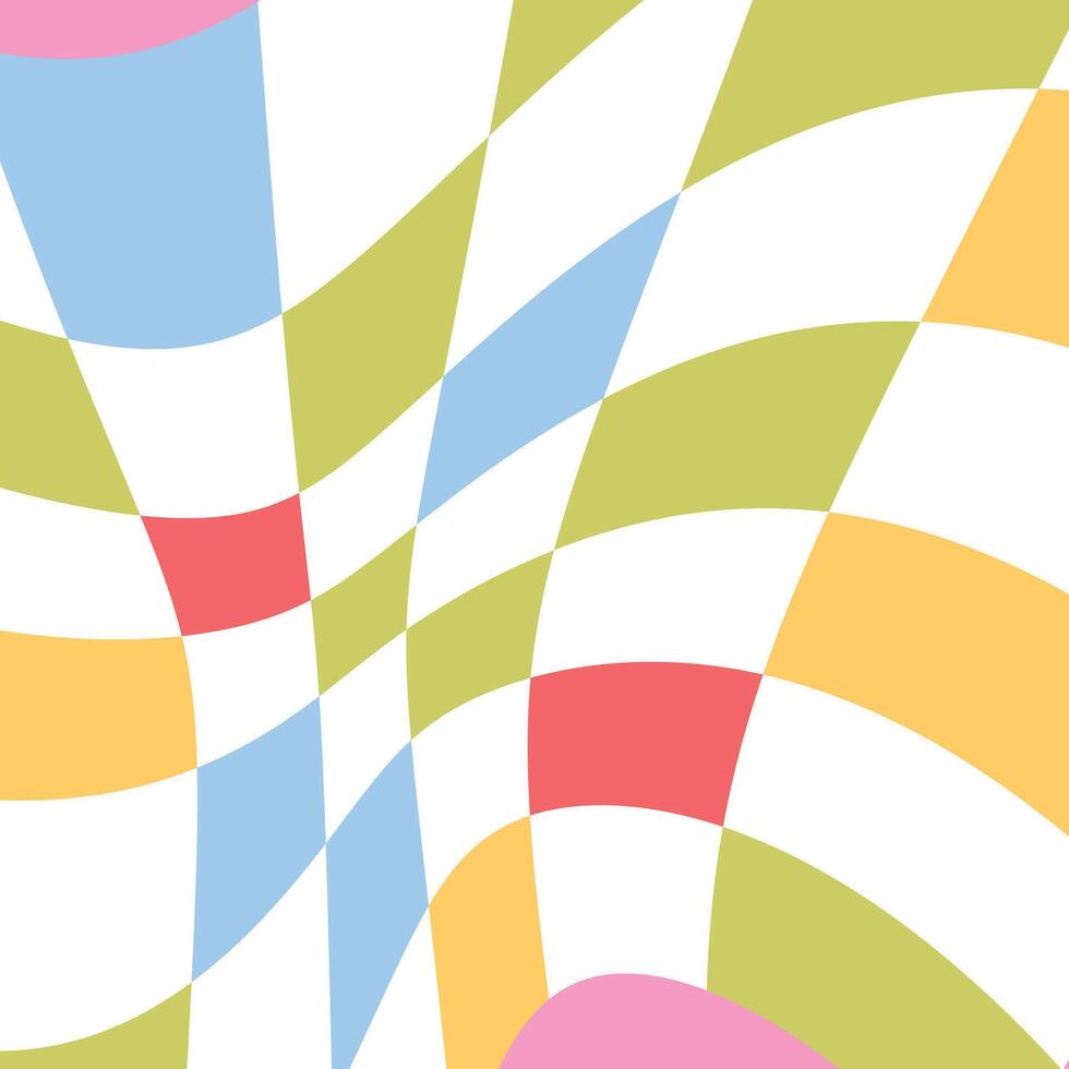 Distorted colorful checkered grid, playful pastel warped squares, trendy geometric wallpaper, energetic digital art. vector
