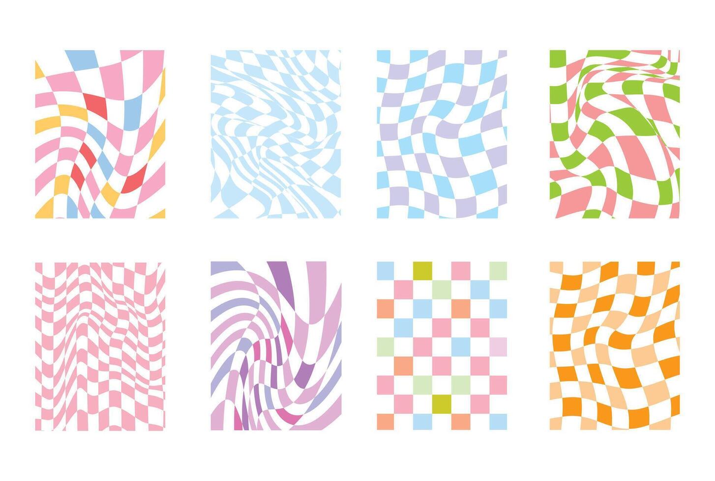 Trendy collection of warped grid and checkered designs, playful pastel patterns, stylish digital art set. vector