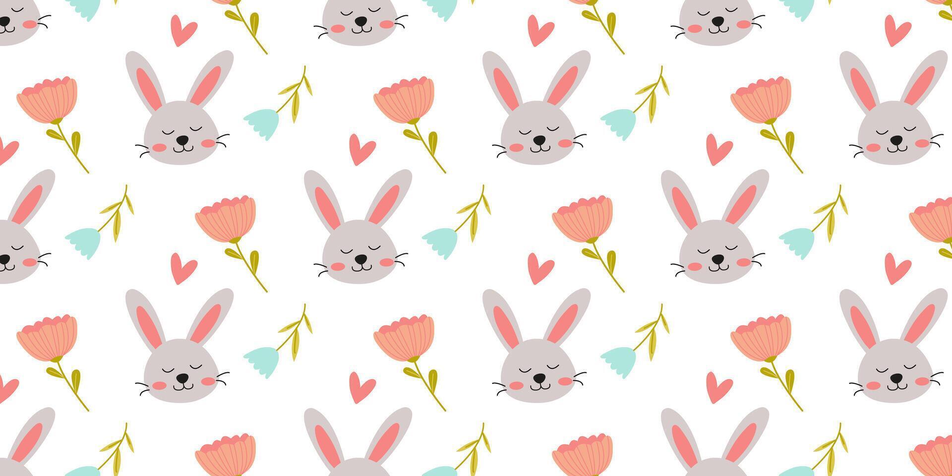 Charming pattern of cute rabbits and flowers in soft pastel colors for playful design inspiration vector