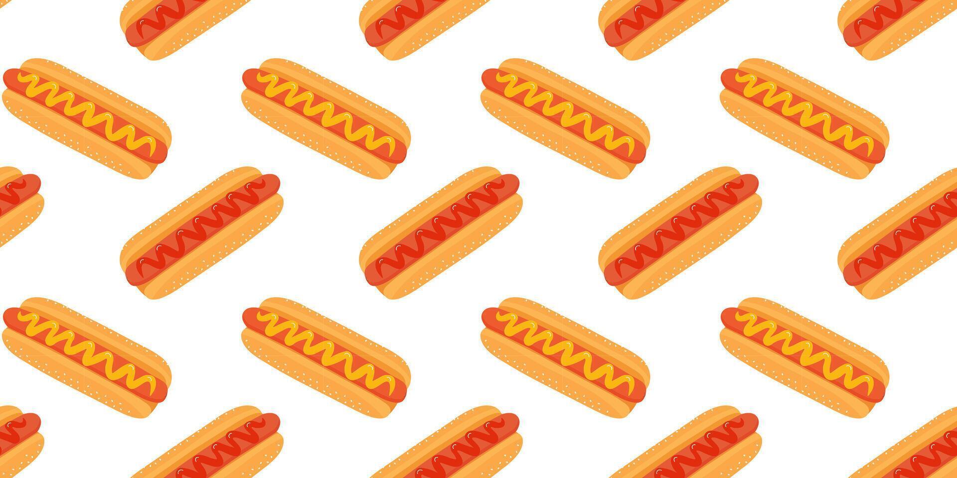 Seamless pattern with hot dogs on a white background, design for menu, wrapping paper, wallpaper, invitations, flat style vector