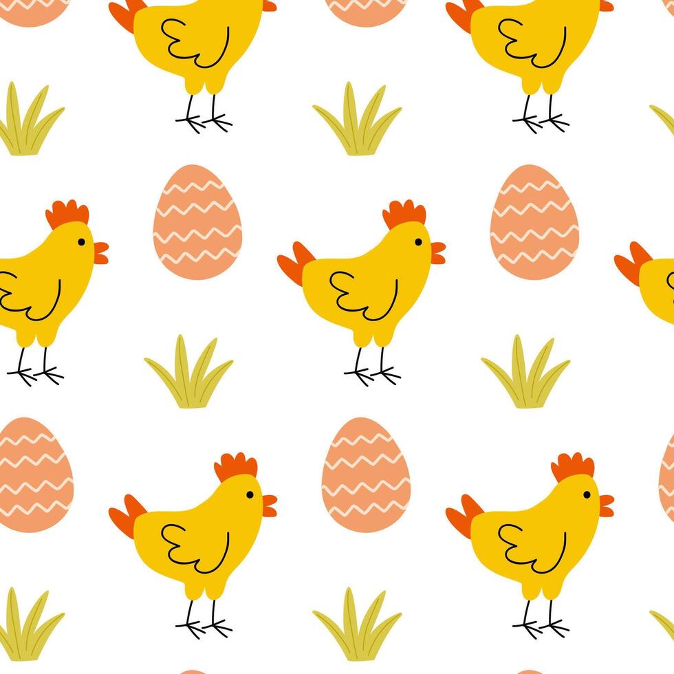 Bright yellow chickens and colorful eggs create a cheerful springtime pattern for festive celebrations and decorations vector