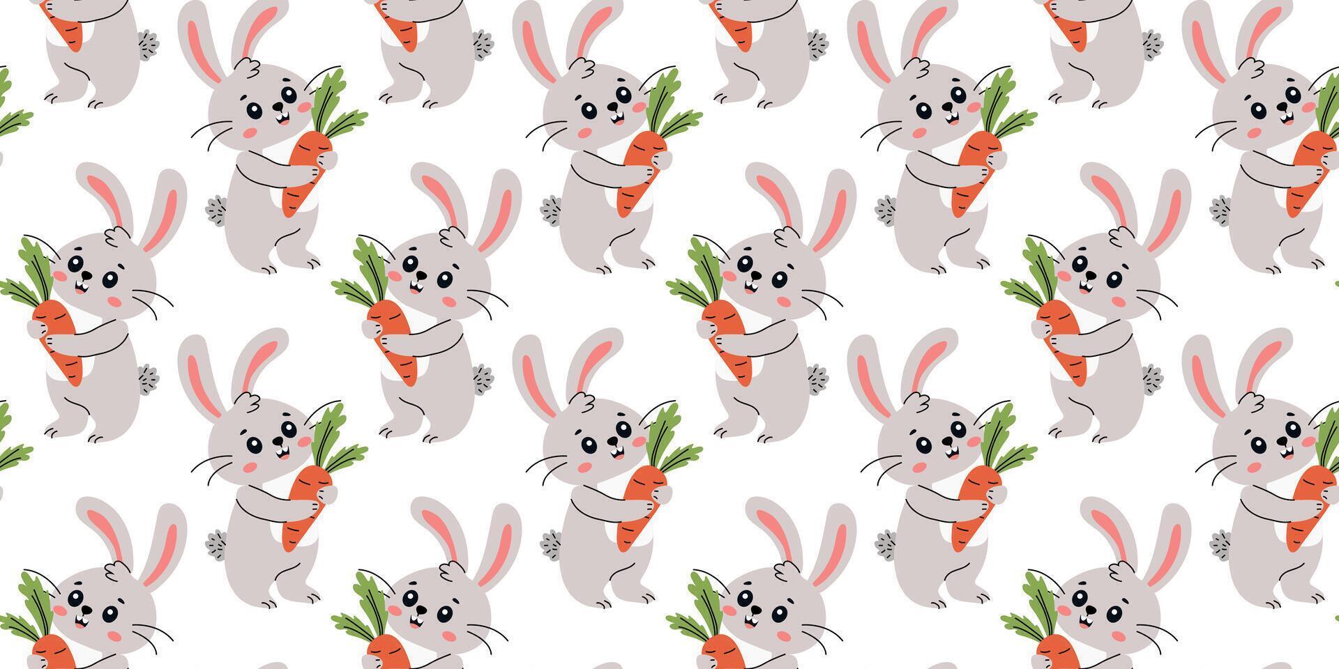 Playful bunnies holding carrots create a cheerful pattern for spring decor and children's designs vector