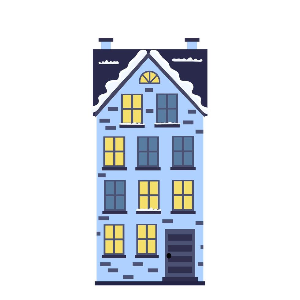 Charming blue house with yellow windows and snowy roof on a winter day in a cozy neighborhood vector