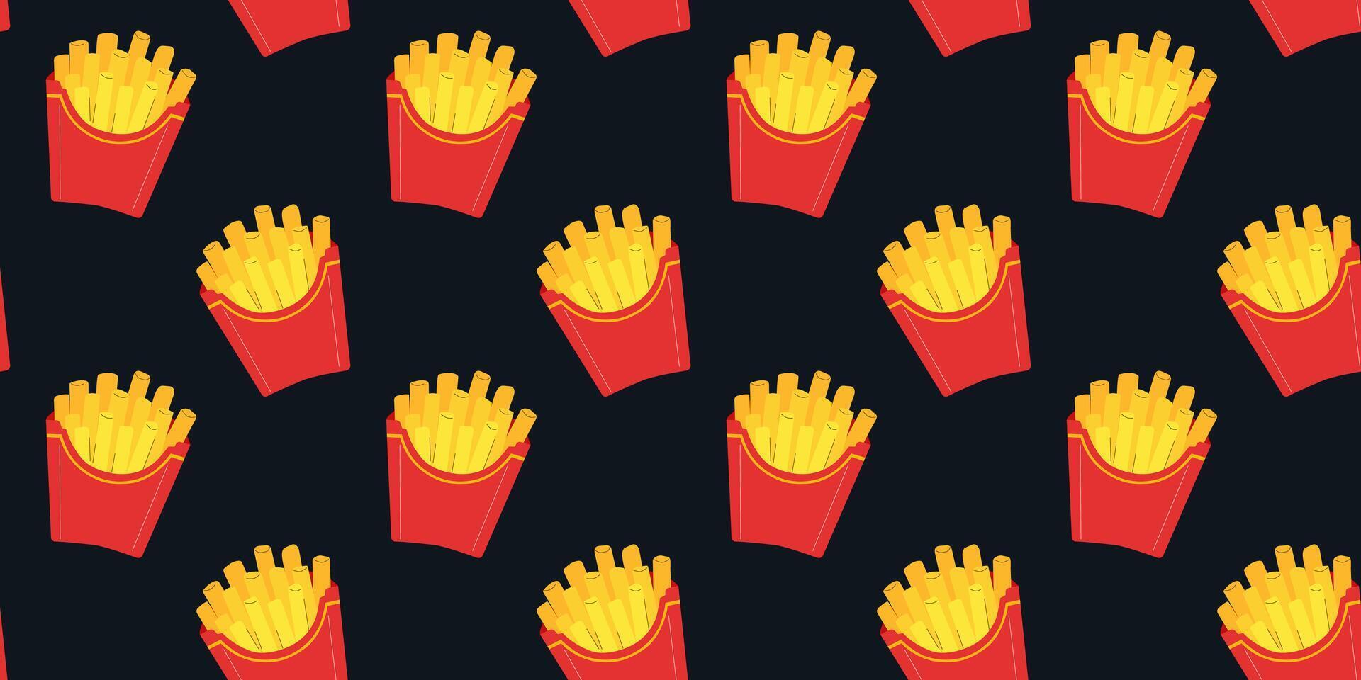 Food background, seamless pattern with french fries. American fast food, illustration in flat style. vector