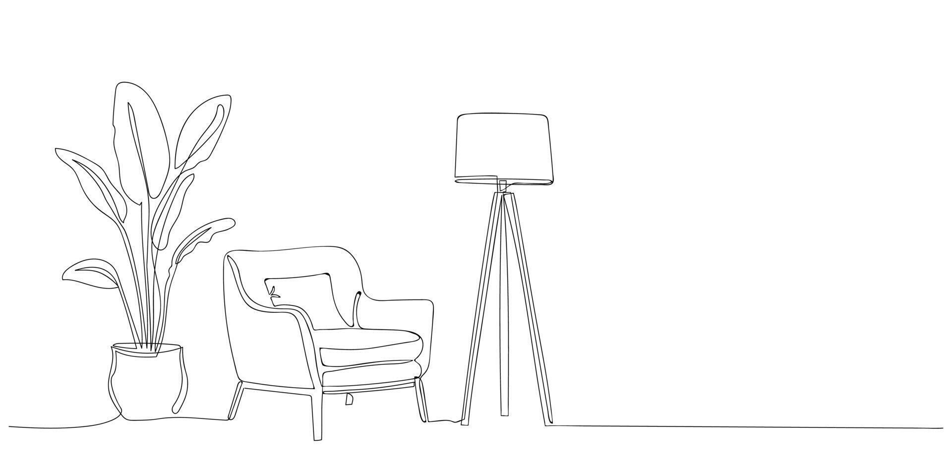 one continuous line drawing modern living room. Armchair, floor lamp in linear style. Modern interior design featuring a minimalist chair, lamp, and potted plant in simple line drawing style. vector
