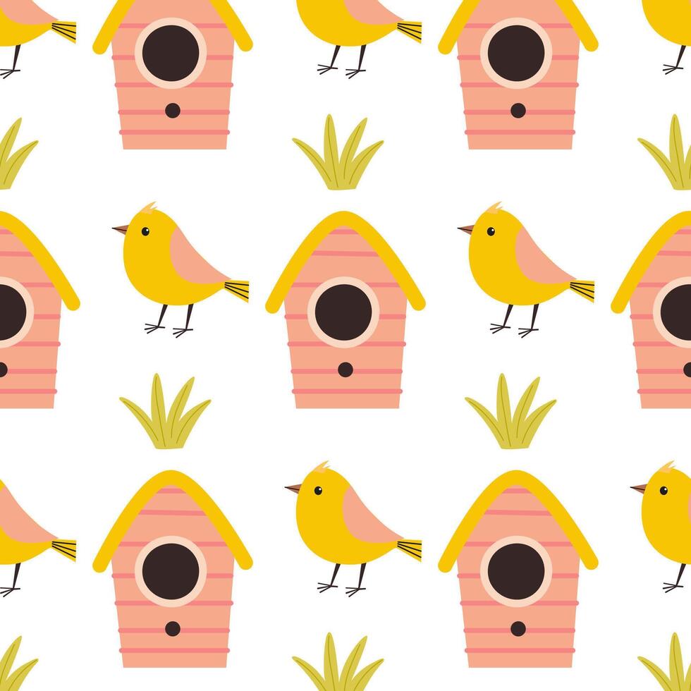 Colorful birds and birdhouses create a cheerful pattern in a playful design vector