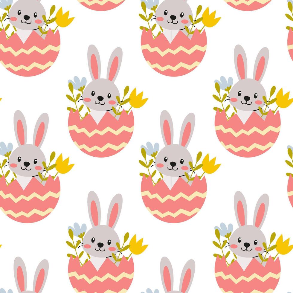 Cute bunnies in decorated eggs with flowers create a playful Easter pattern suitable for spring celebrations vector