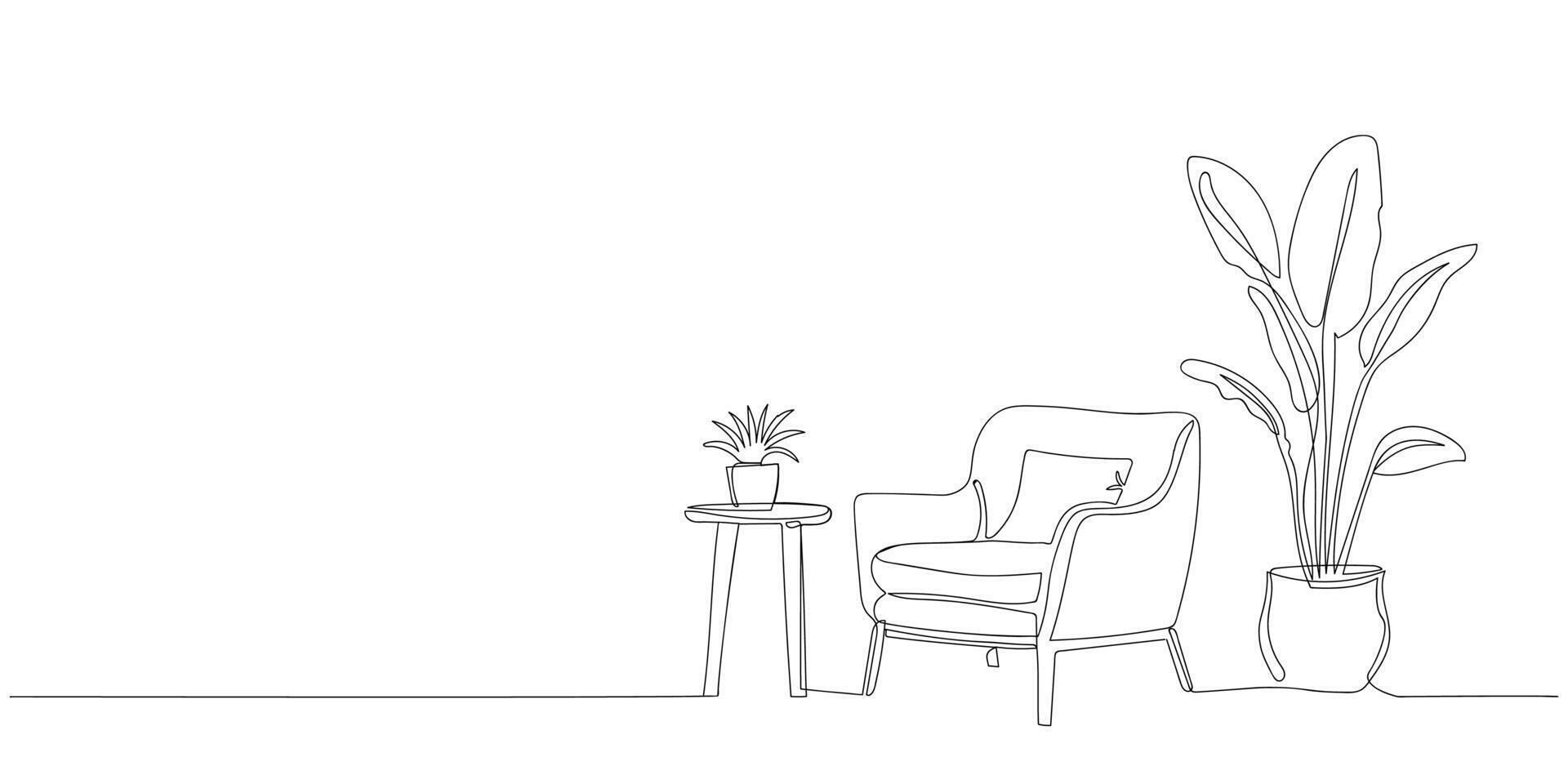 continuous line drawing showcases minimalist Scandinavian furniture and plant. Cozy corner with a modern chair and greenery in a minimalist setting. vector