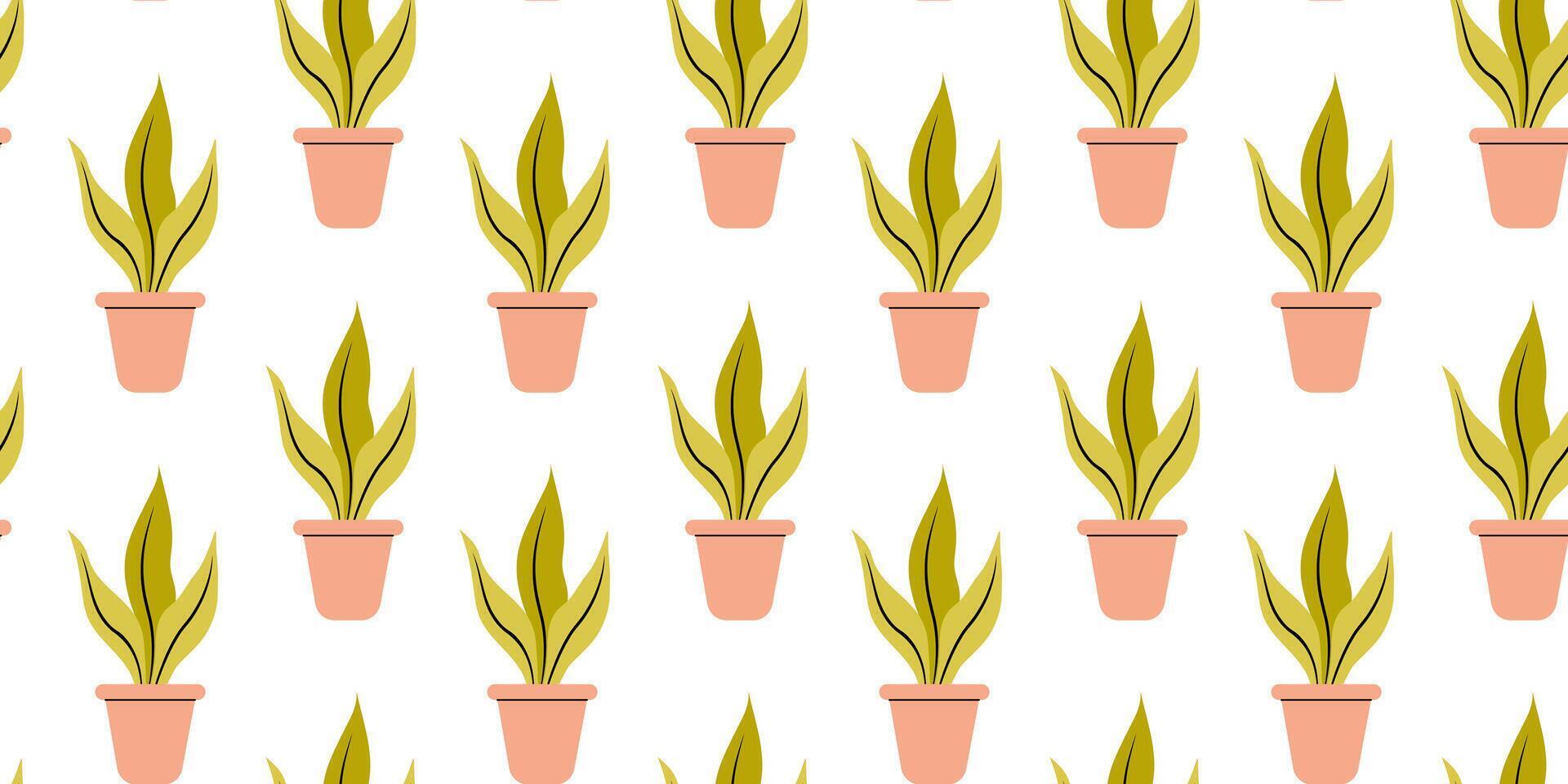 Patterns of potted plants featuring vibrant green leaves and soft pink pots on a clean white background vector