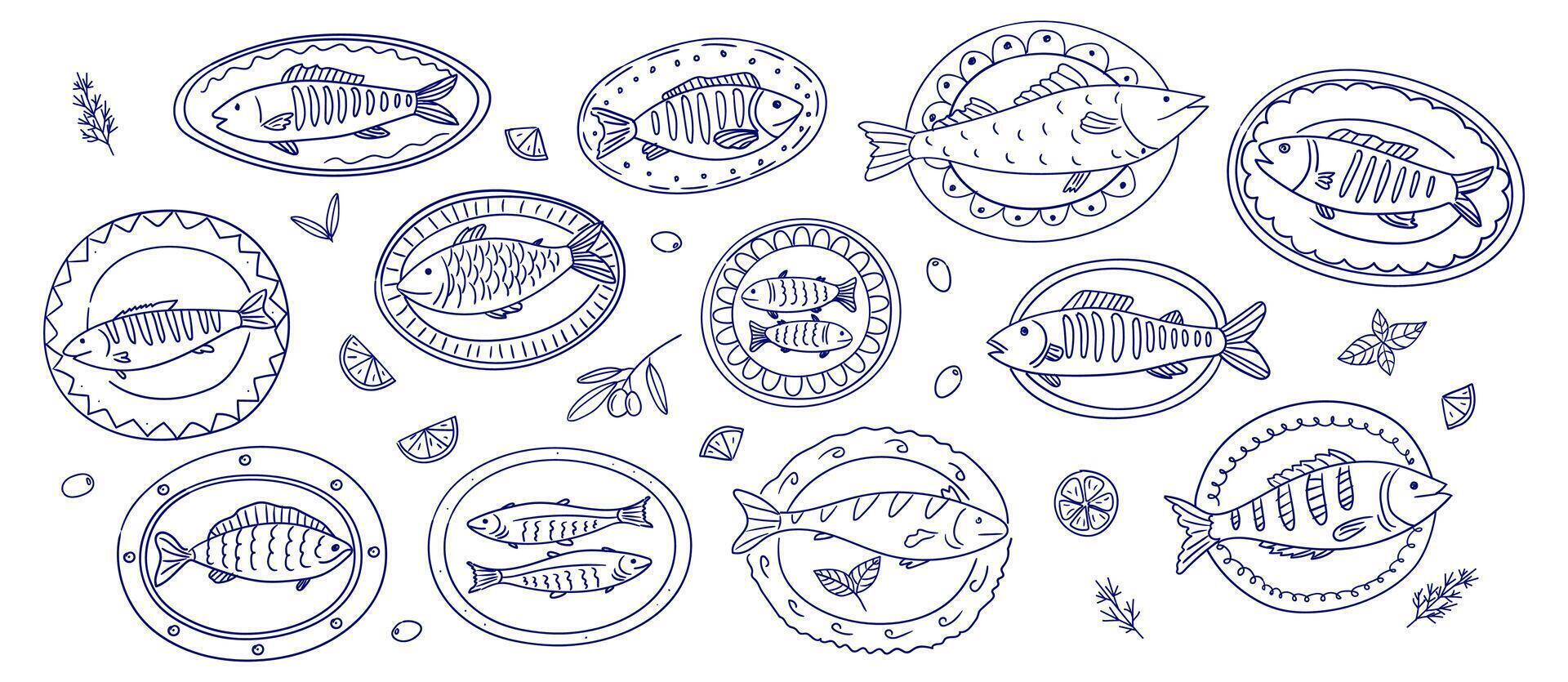 Various sketches of fish served on plates with decorative designs and garnishes in a culinary theme vector