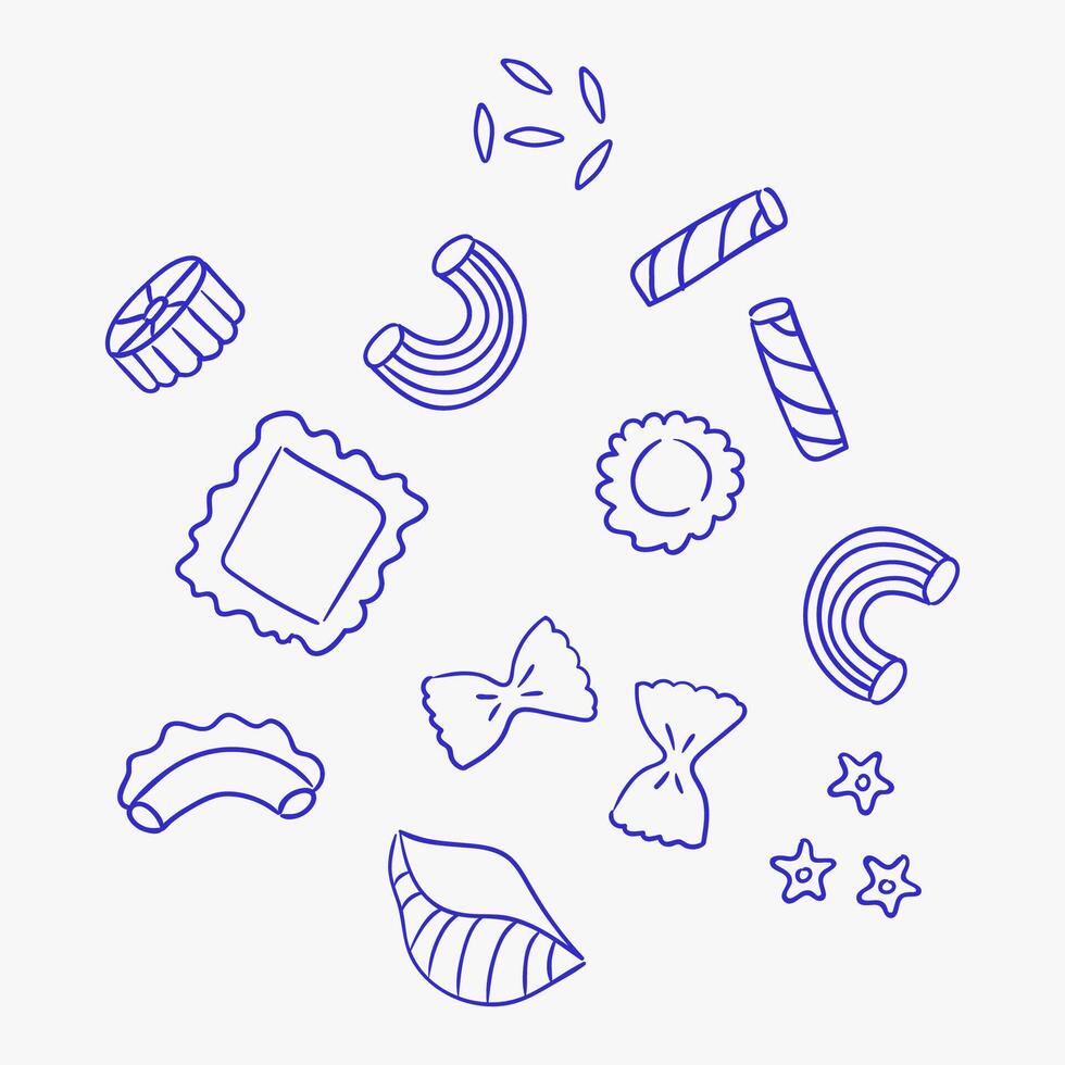 Different pasta types set, outline icons, simple loose drawings, sketchy style vector