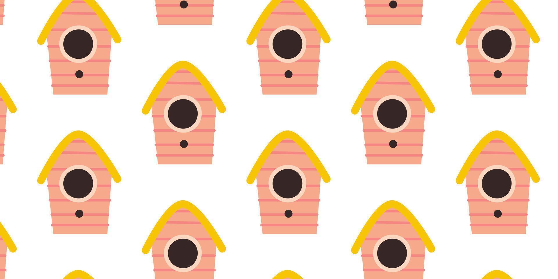 Colorful birdhouses on a white background create a cheerful pattern design for home decor and crafts vector