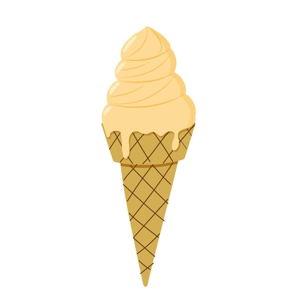 Tasty vanilla ice cream cone with dripping melted cream in a classic waffle cone design vector