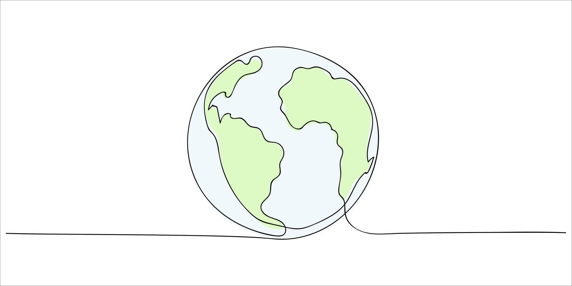 Earth depicted as one continuous line drawing. with green continents and blue oceans, showcasing minimalist lineart illustration. Doodle style. vector