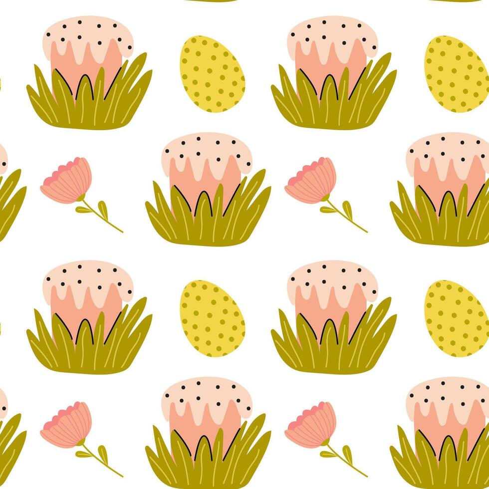 Delightful spring patterns featuring decorated eggs and floral designs on a white background vector